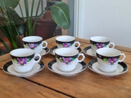 Societe Ceramique zwart met paarse bloem set 6x Kop en schotel