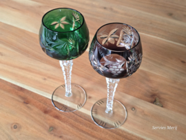 Boheems Kristal Glas set (1) van 2x op hoge voet 19,5 cm kleur: groen paars