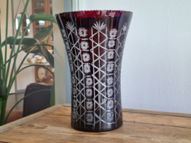 Boheems Kristal Glas Bordeauxrode hoge brede Vaas 25,5 cm