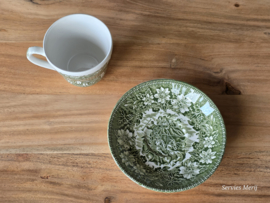 Engels groen Coaching Taverns Royal Tudor Ware Staffordshire kop en schotel