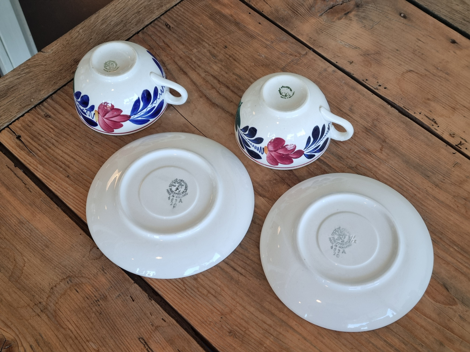 Oud Boerenbont Societe Ceramique 483a set 2x Robuuste Bouillon Kop en schotel