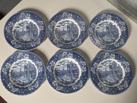 Engels blauw Coaching Taverns Royal Tudor Ware Staffordshire Set 6x diep pasta curry bord 22,5 cm