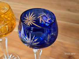 Boheems Kristal Glas set (3) van 2x op hoge voet 19,5 cm kleur: blauw en oranje