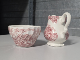 Engels rood Jachtservies Myott's Country Life roomstel met suikerkom (witte binnenkant)