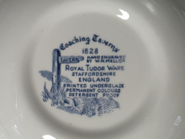 Engels blauw Coaching Taverns Royal Tudor Ware Staffordshire Set 6x diep pasta curry bord 22,5 cm