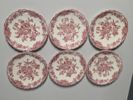 Engels rood Crown Ducal Bristol set 6x gebaksbordje 17,5 cm