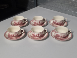 Engels rood Johnson Bros Old Britain Castles set 6x Kop en schotel (wit binnenin)