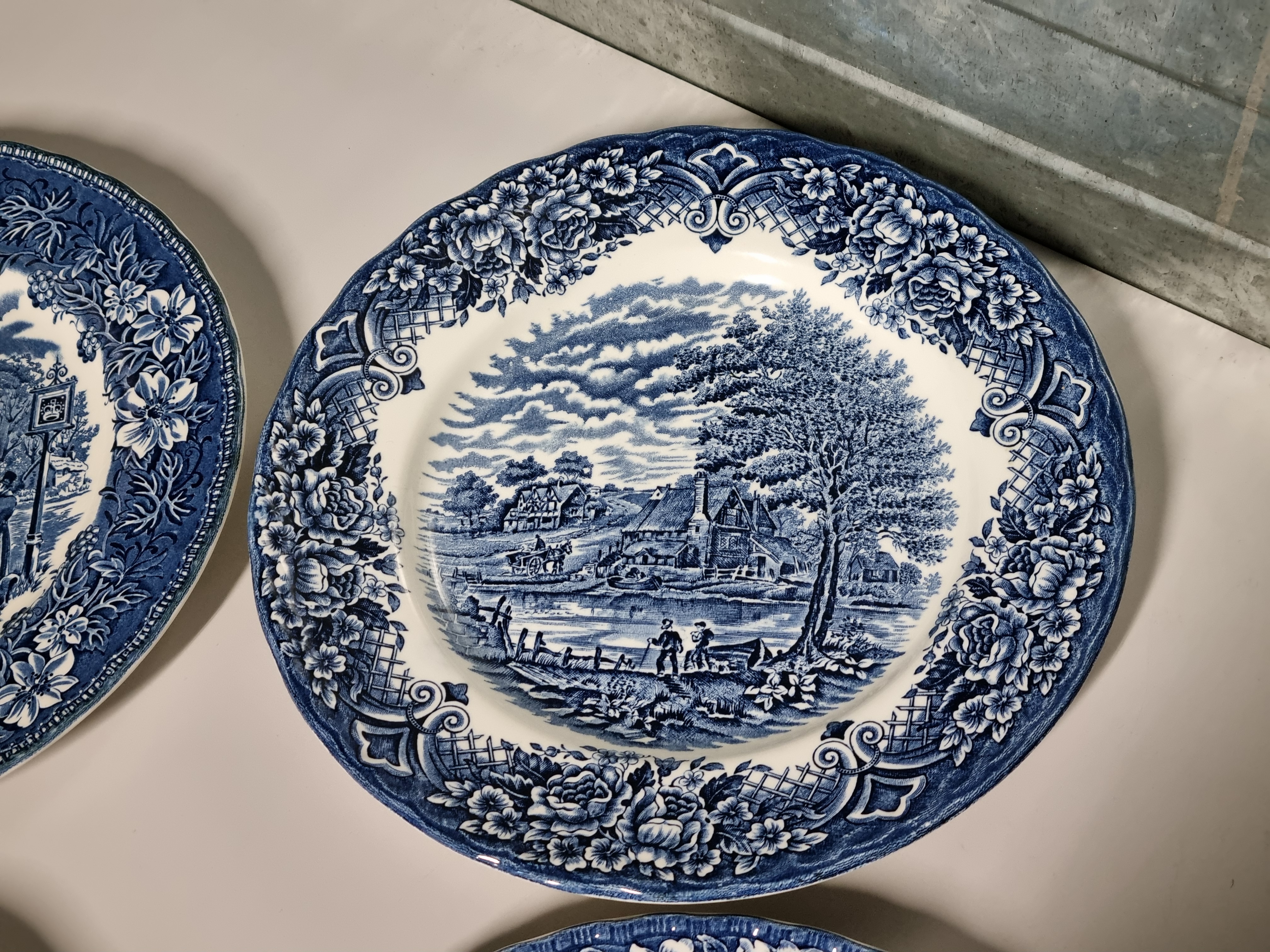 Verkocht = Engels blauw Set 6x mix & match plat dinerbord 25 cm