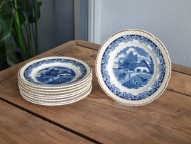 Boerenhoeve blauw Societe Ceramique met goudluster Set 9x Ontbijtbordje 21 cm