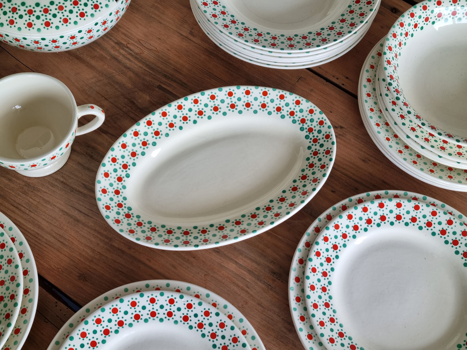 Nimy Belgium rood groen stipje compleet vintage Kinderservies
