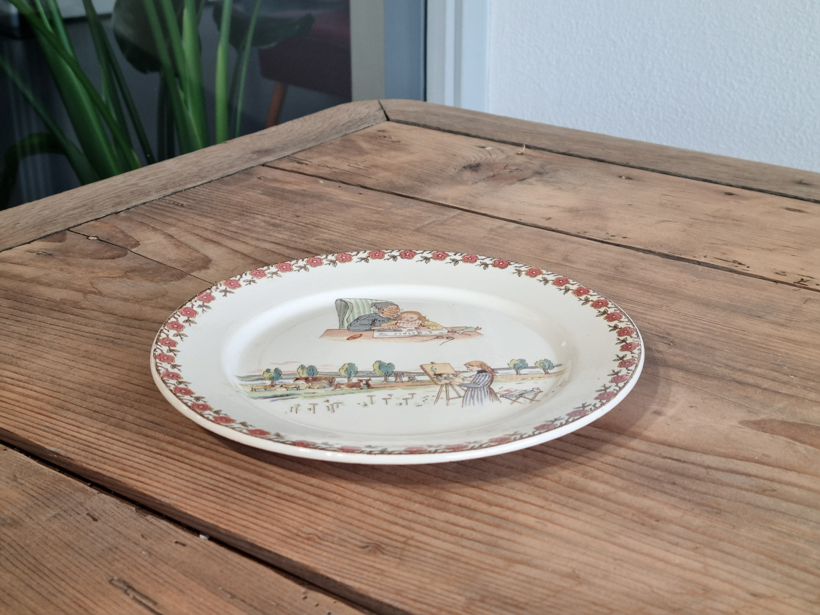 Frans Sarreguemines Enfants Ontbijtbordje 20 cm (afb. Schilderen) met Duits stempel