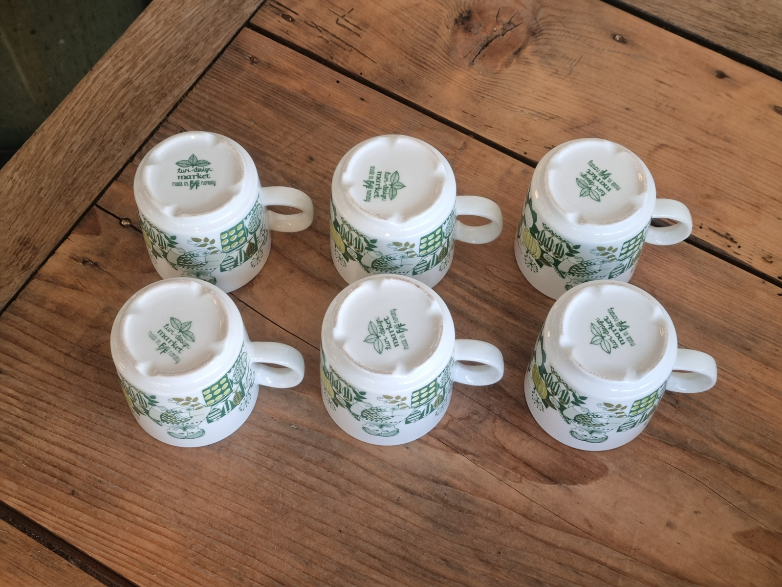 Vintage groen Figgjo Flint Turi Design Market Norway set 6x mokje (recht model)