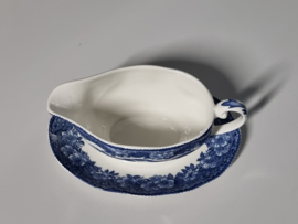 Engels blauw Enoch Wedgwood Woodland sauskom op vaste onderschotel
