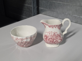 Engels rood Jachtservies Myott's Country Life roomstel met suikerkom (witte binnenkant)