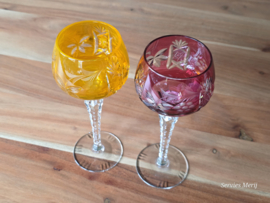 Boheems Kristal Glas set (4) van 2x op hoge voet 19,5 cm kleur: rose en oranje