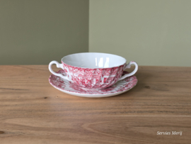 Engels rood Johnson Bros Coaching Scenes soepkom met schotel (witte binnenkant)