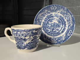 Verkocht = Engels blauw English Ironstone Tableware EIT kop en schotel (brug)