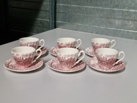 Engels rood Meakin Coaching Days set 6x espresso kop en schotel