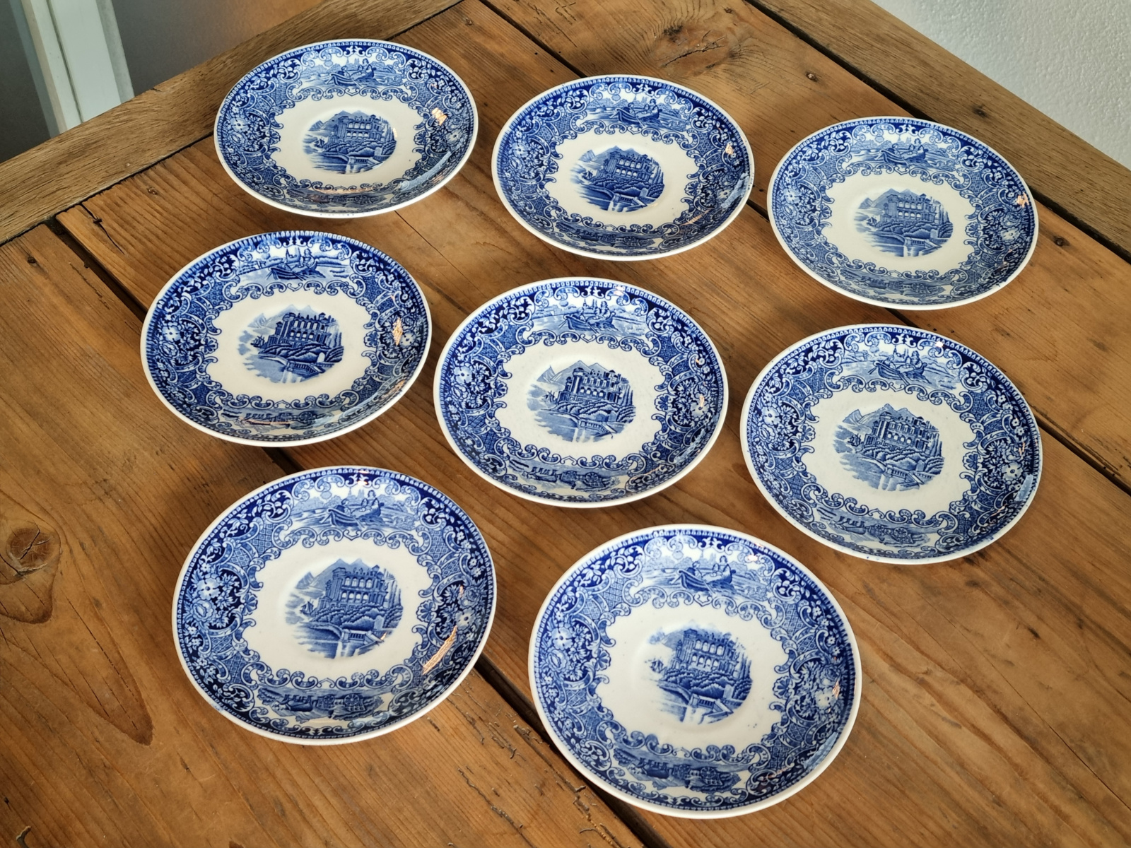 Regout Castillo blauw set 8x Kop en schotel (blauwe rand en met rond oortje)
