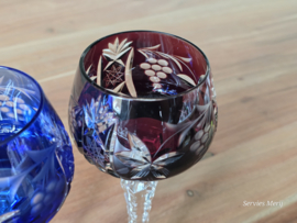Boheems Kristal Glas set (2) van 2x op hoge voet 19,5 cm kleur: blauw en paars