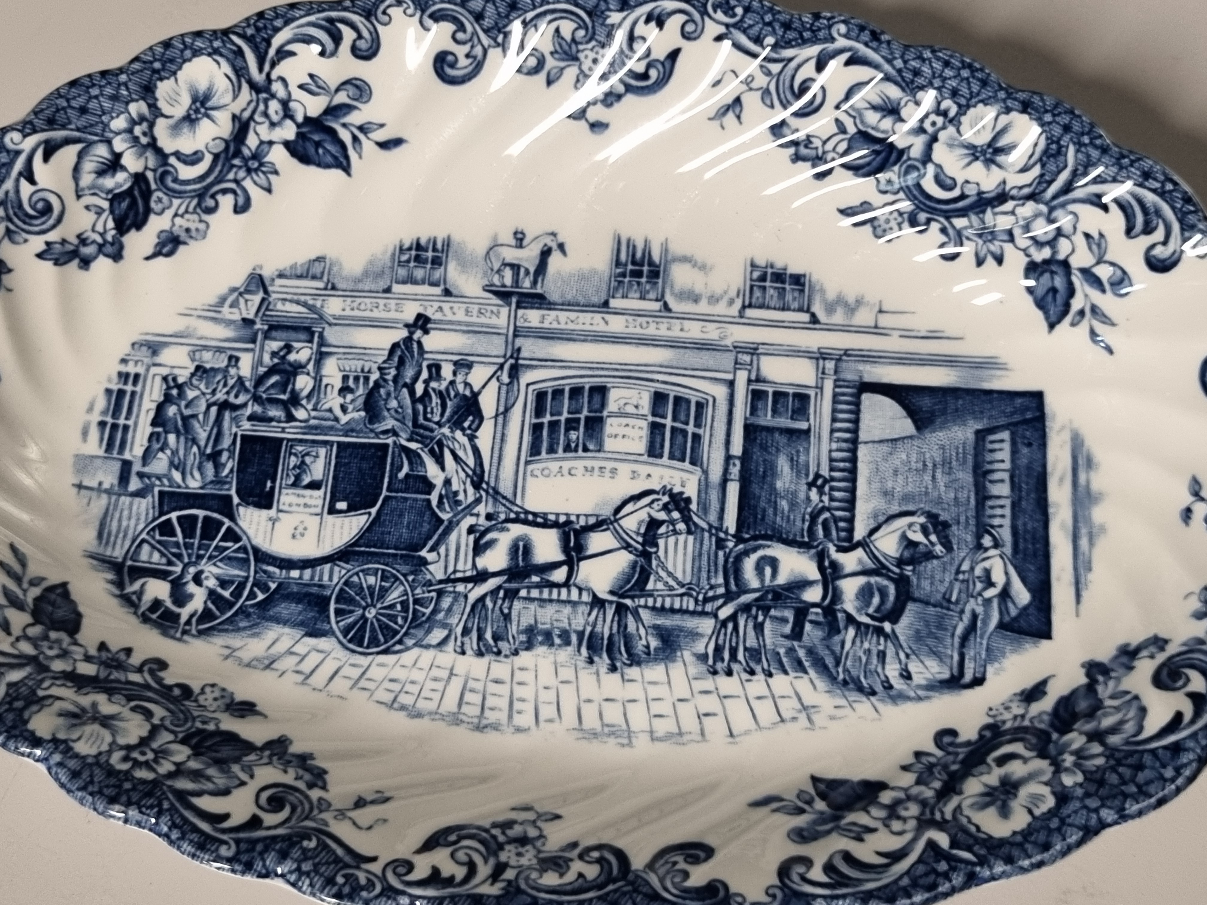 Engels blauw Johnson Bros Coaching Scenes set 3x ovale schaal