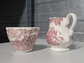 Engels rood Jachtservies Myott's Country Life roomstel met suikerschaaltje (randje binnenkant)