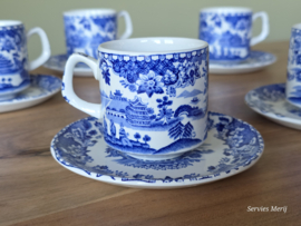 Engels blauw Woods Burslem England Seaforth set 5x Koffie kop en schotel