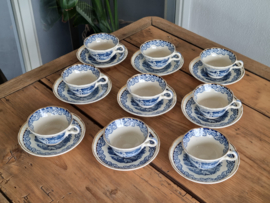 Boerenhoeve blauw Societe Ceramique met goudluster Set 9x Kop en schotel