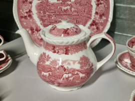 Engels rood Wedgwood Adams English Scenic theeservies 8 personen (golvend randje)