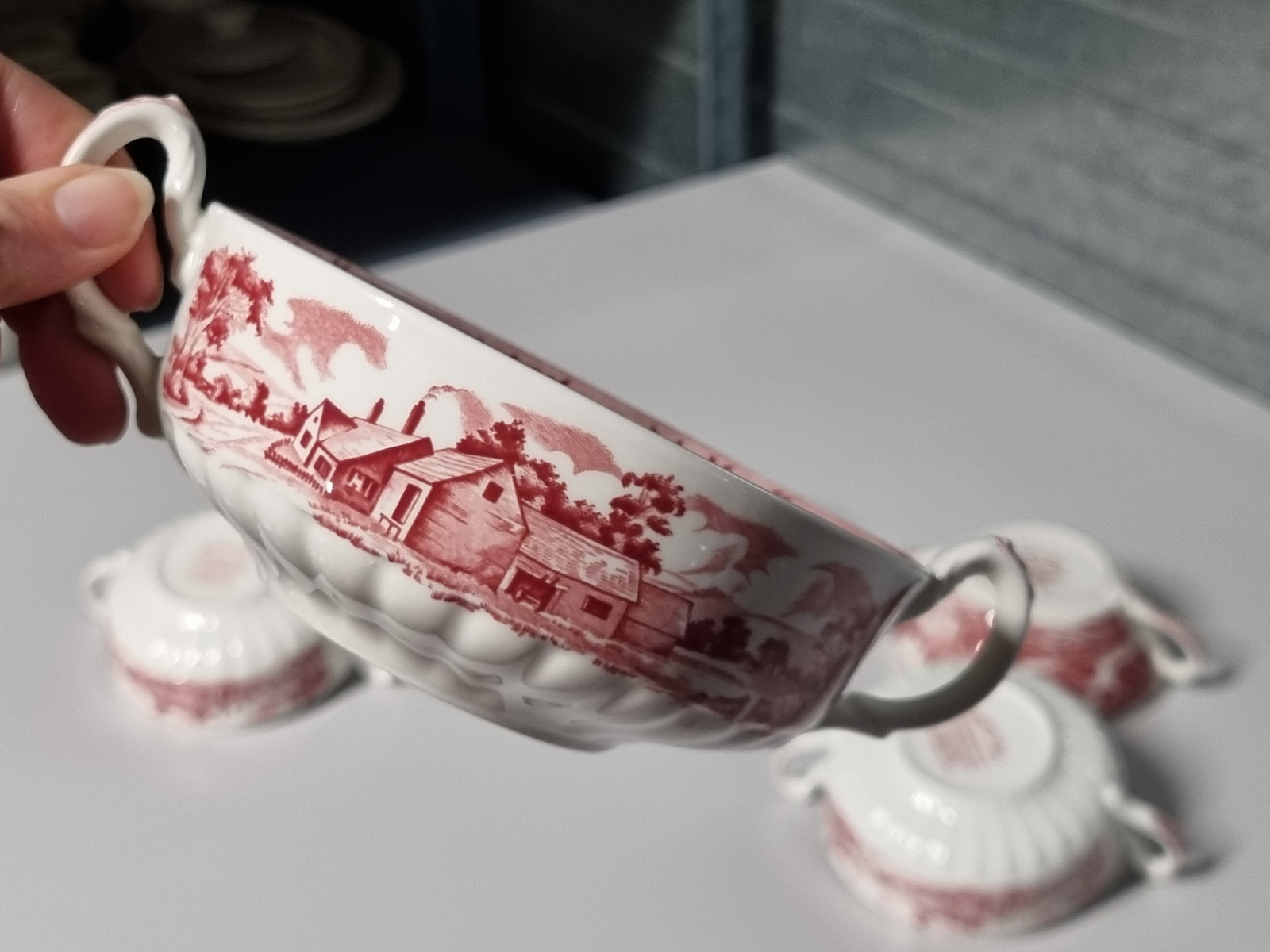 Engels rood Country Style set 6x soepkom met schotel