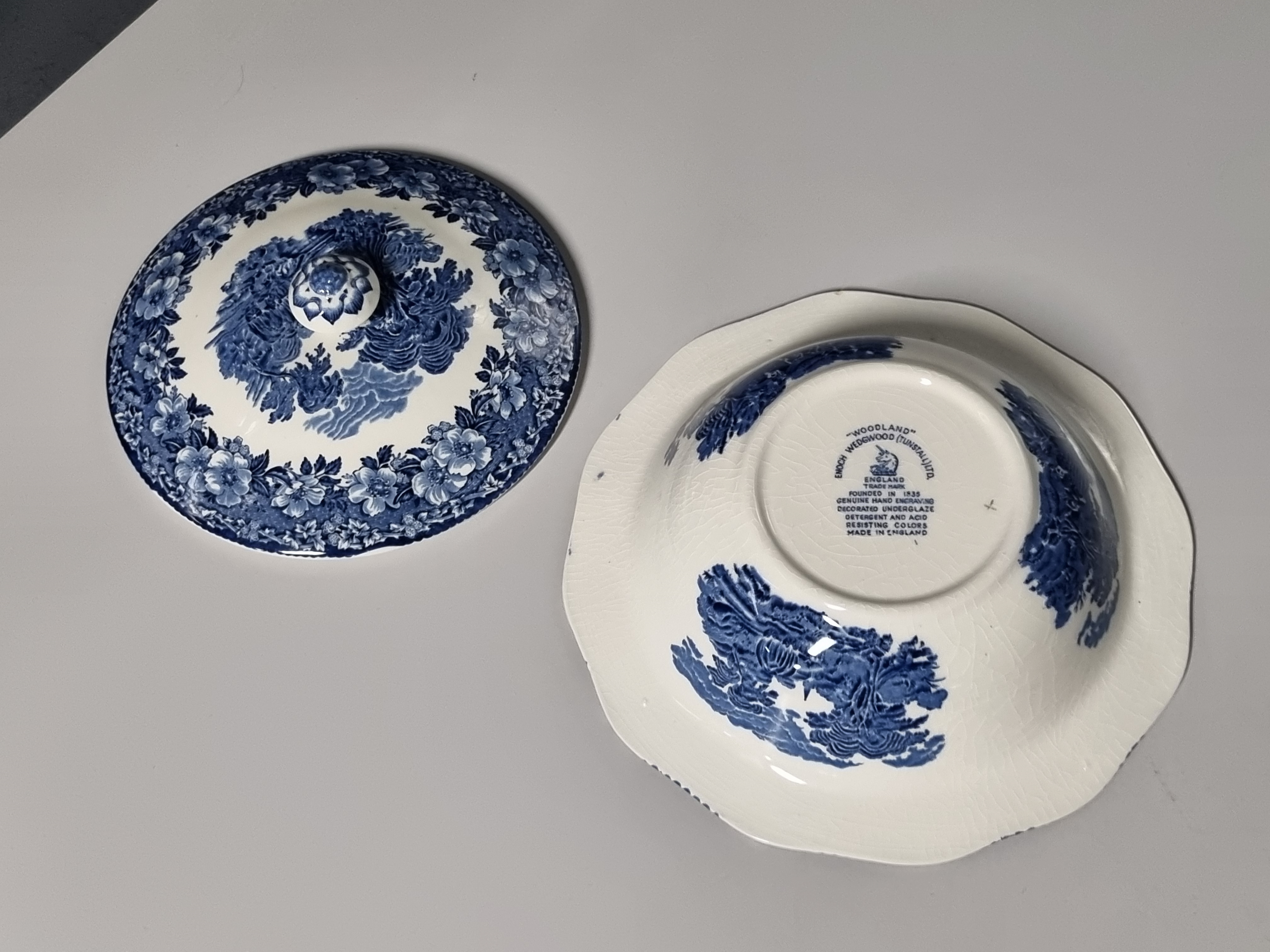 Engels blauw Enoch Wedgwood Woodland dekschaal terrine 24 cm