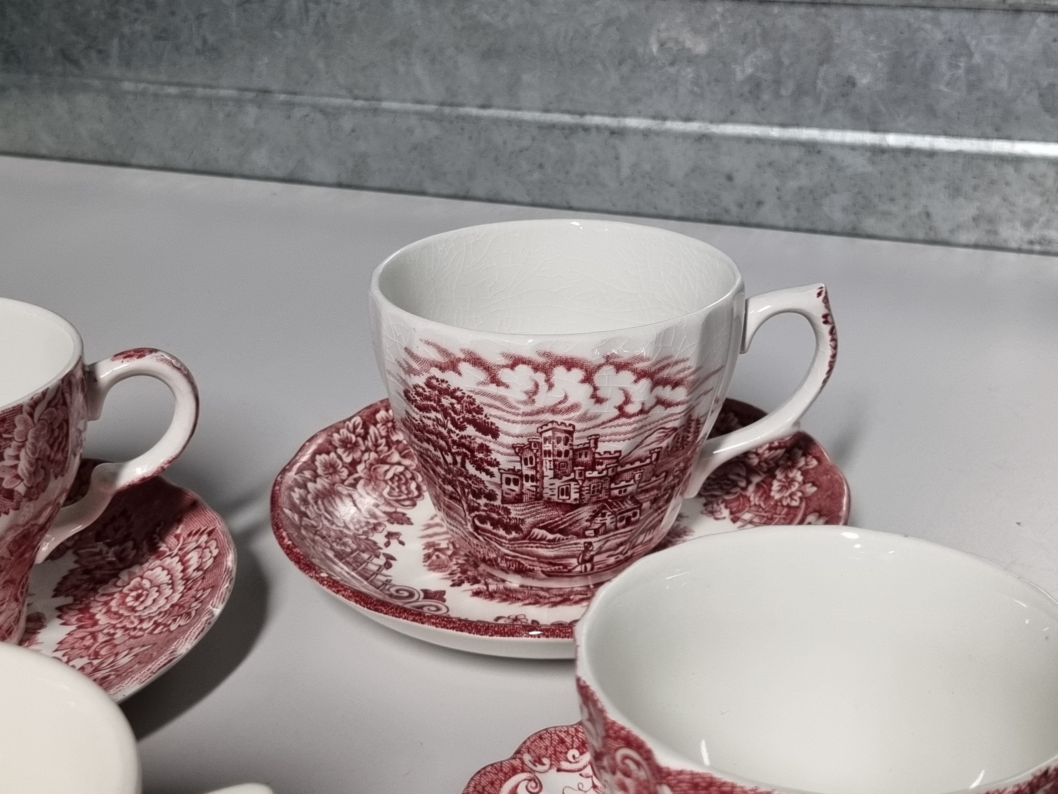 Engels rood Set 6x mix & match kop en schotel (wit binnenin)