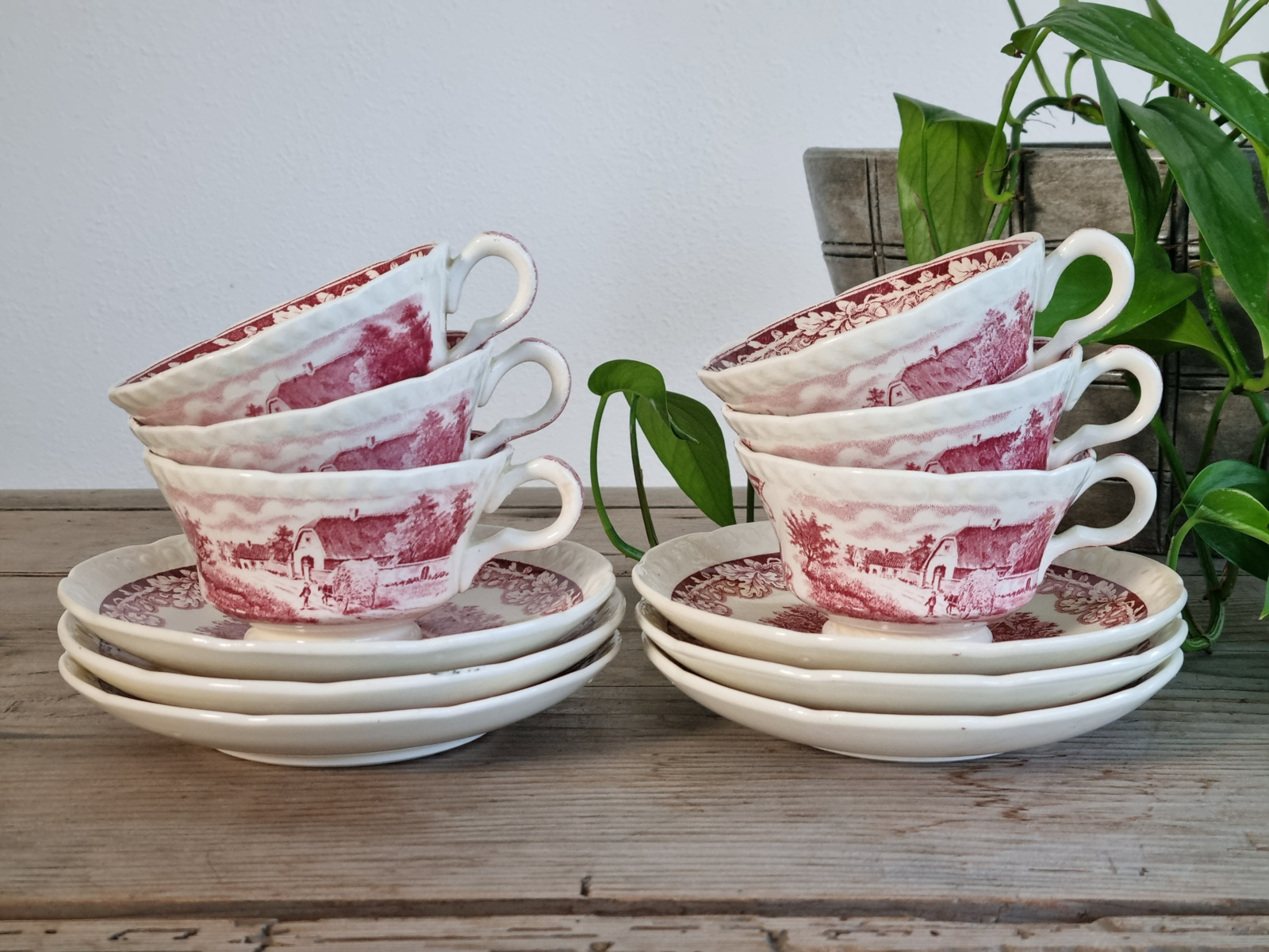 Boerenhoeve Rood Societe Ceramique set van 6x kop en schotel