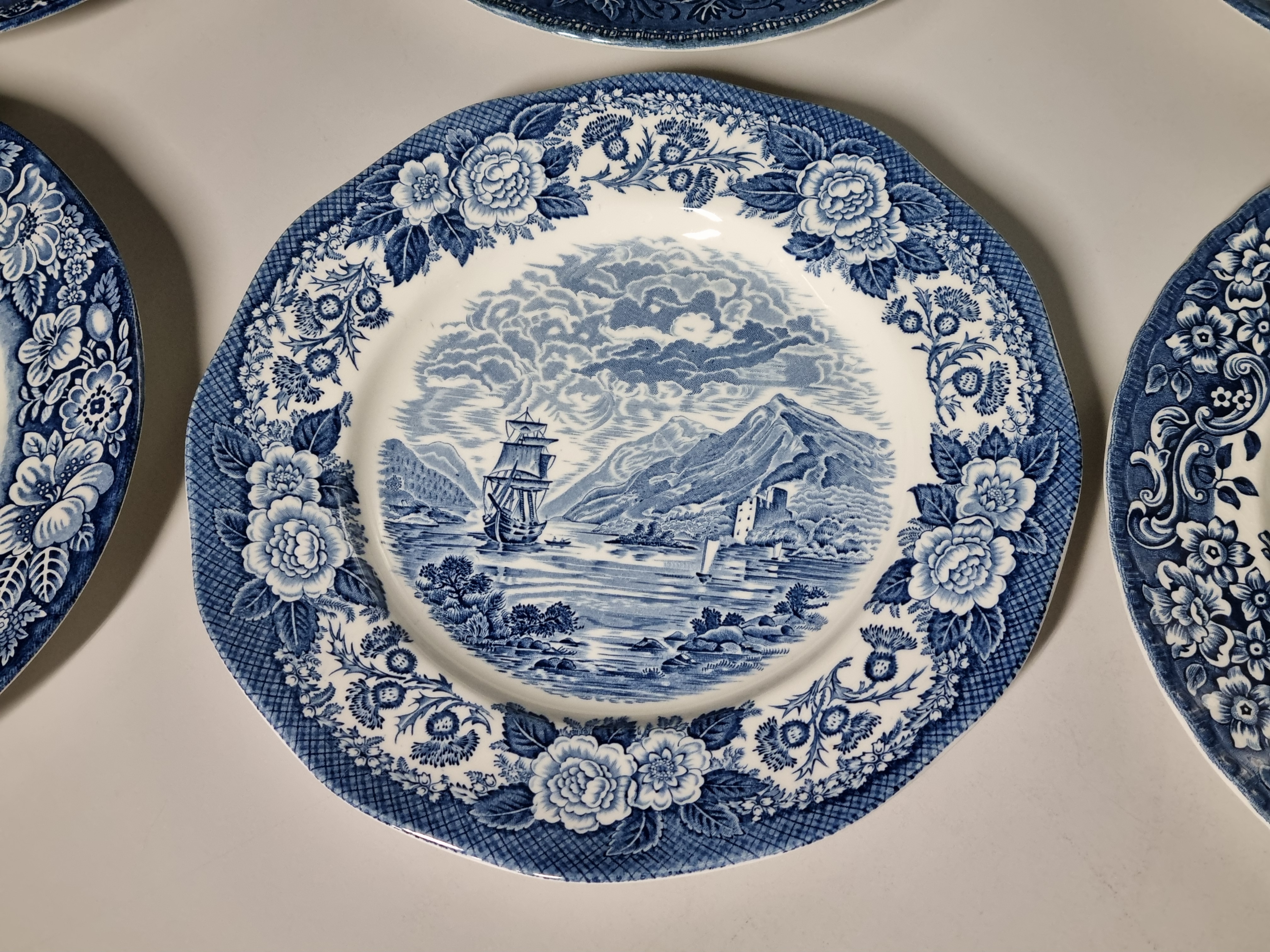 Verkocht = Engels blauw Set 6x mix & match plat dinerbord 25 cm