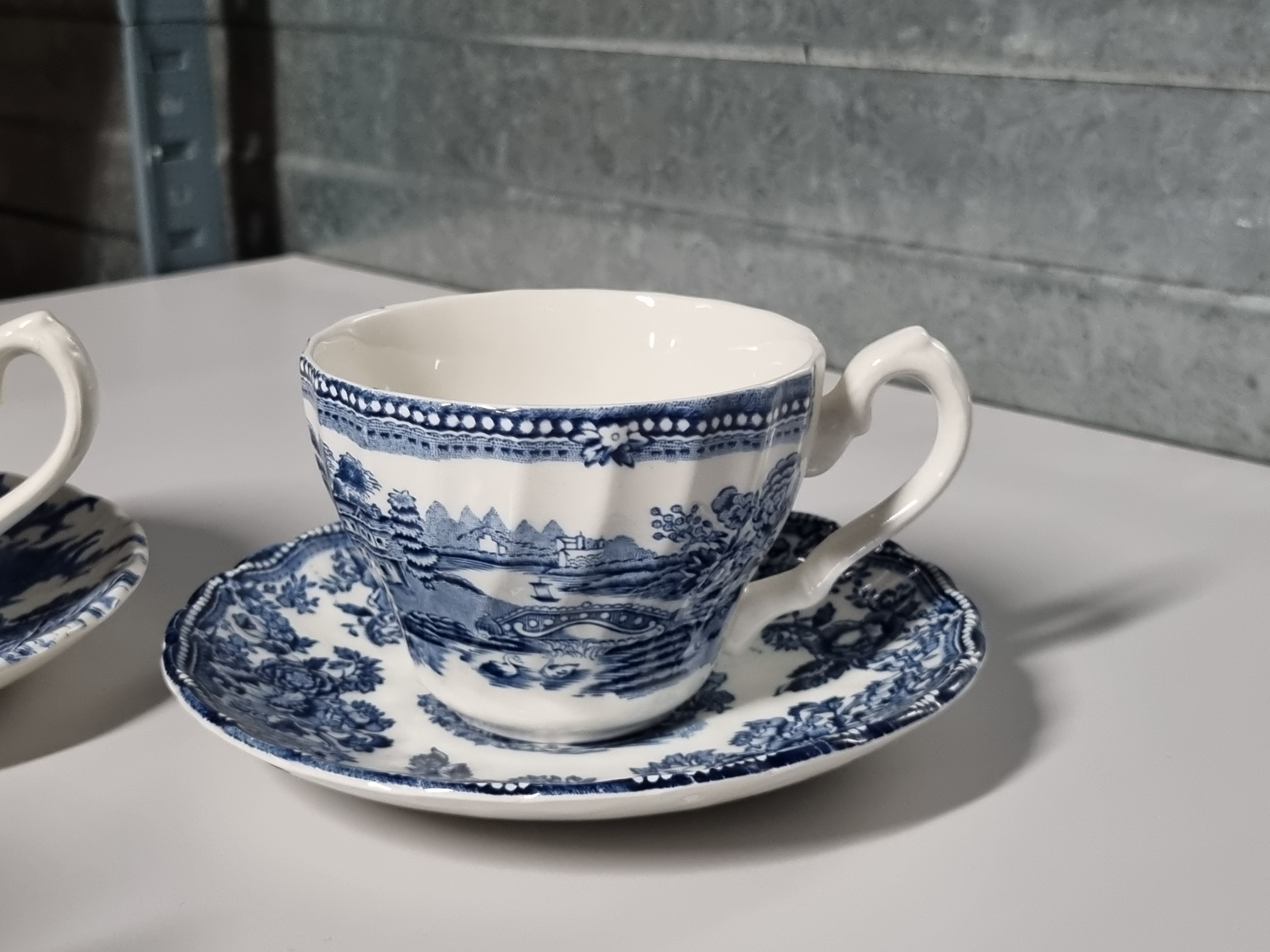 Engels blauw Set 6x mix & match kop en schotel (wit binnenin)
