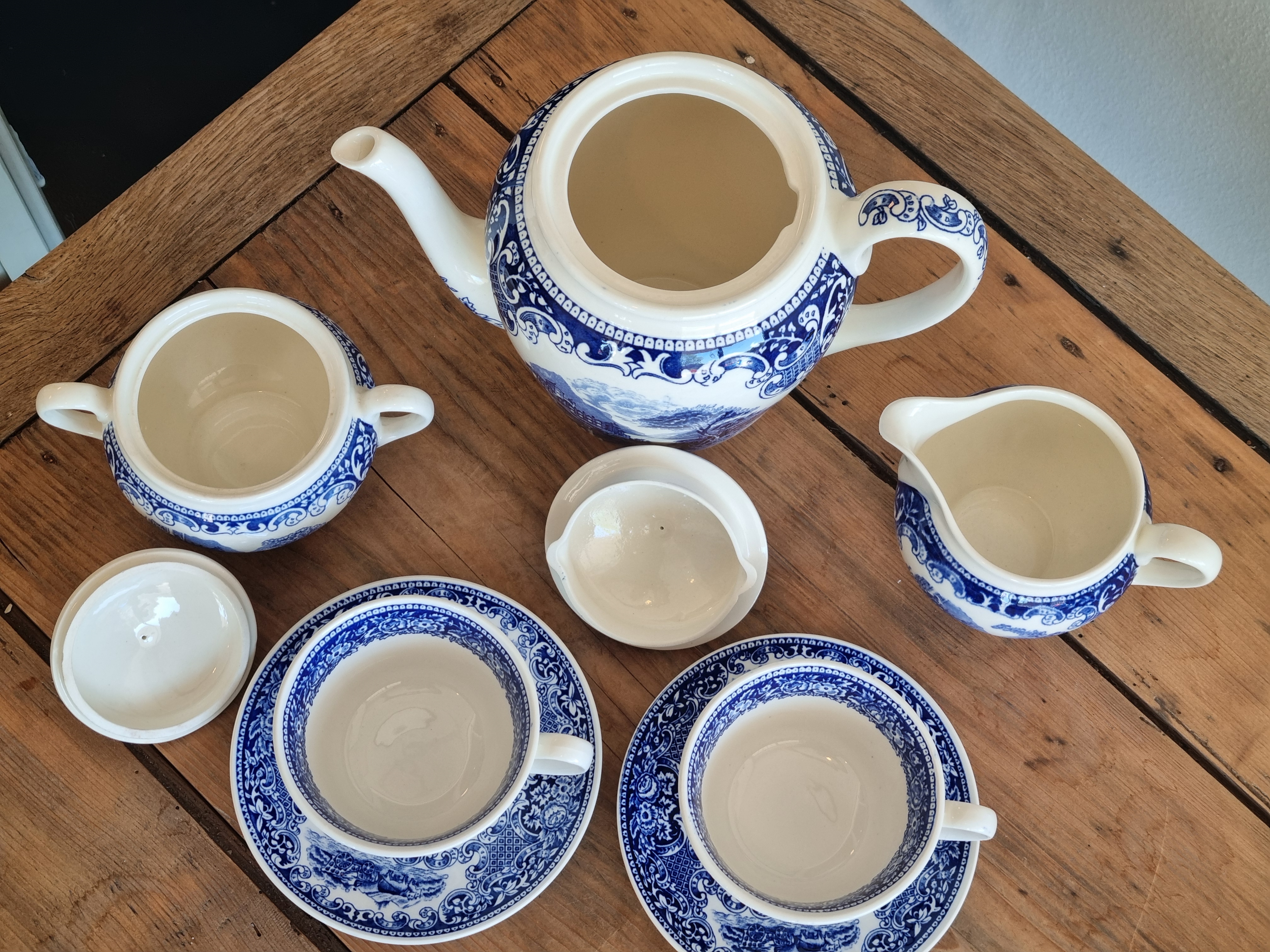 Regout Castillo Old England Cambridge blauw chocoladestel theestel voor 2 personen