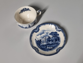 Engels blauw Johnson Bros Old Britain Castles Kop en schotel met bloem