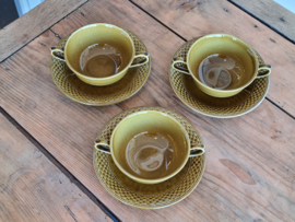 Vintage Regout Royal Sphinx olijfgroen set 3x Soepkom met schotel
