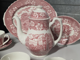 Engels rood Coaching Taverns Royal Tudor Ware Staffordshire koffieservies 6 personen