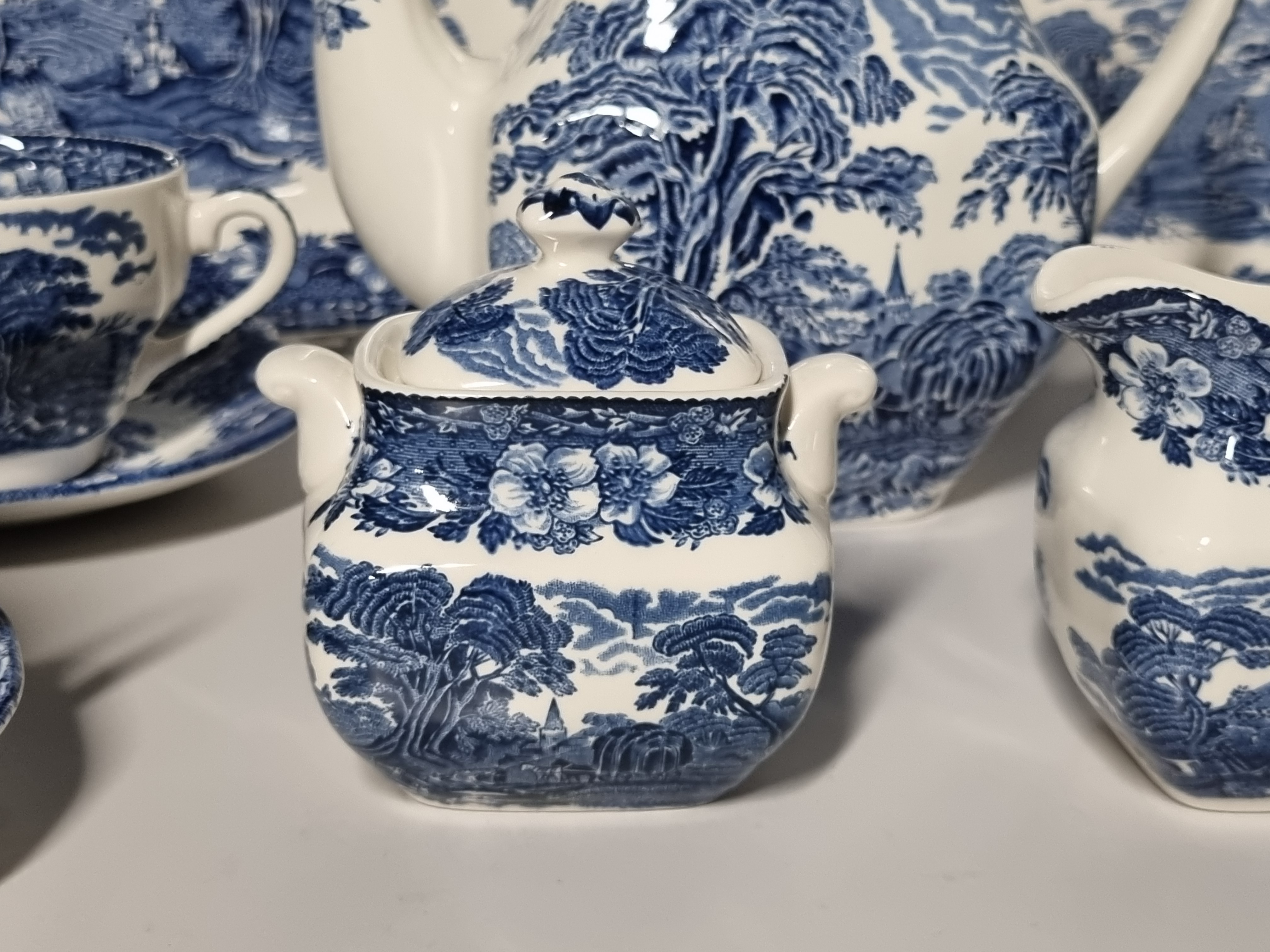 Engels blauw Enoch Wedgwood Woodland koffieservies theeservies 6 personen
