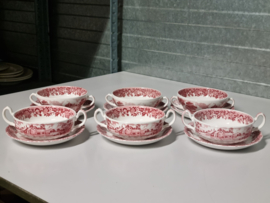 Engels rood Country Style set 6x soepkom met schotel