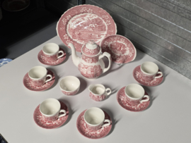 Engels rood Coaching Taverns Royal Tudor Ware Staffordshire koffieservies 6 personen