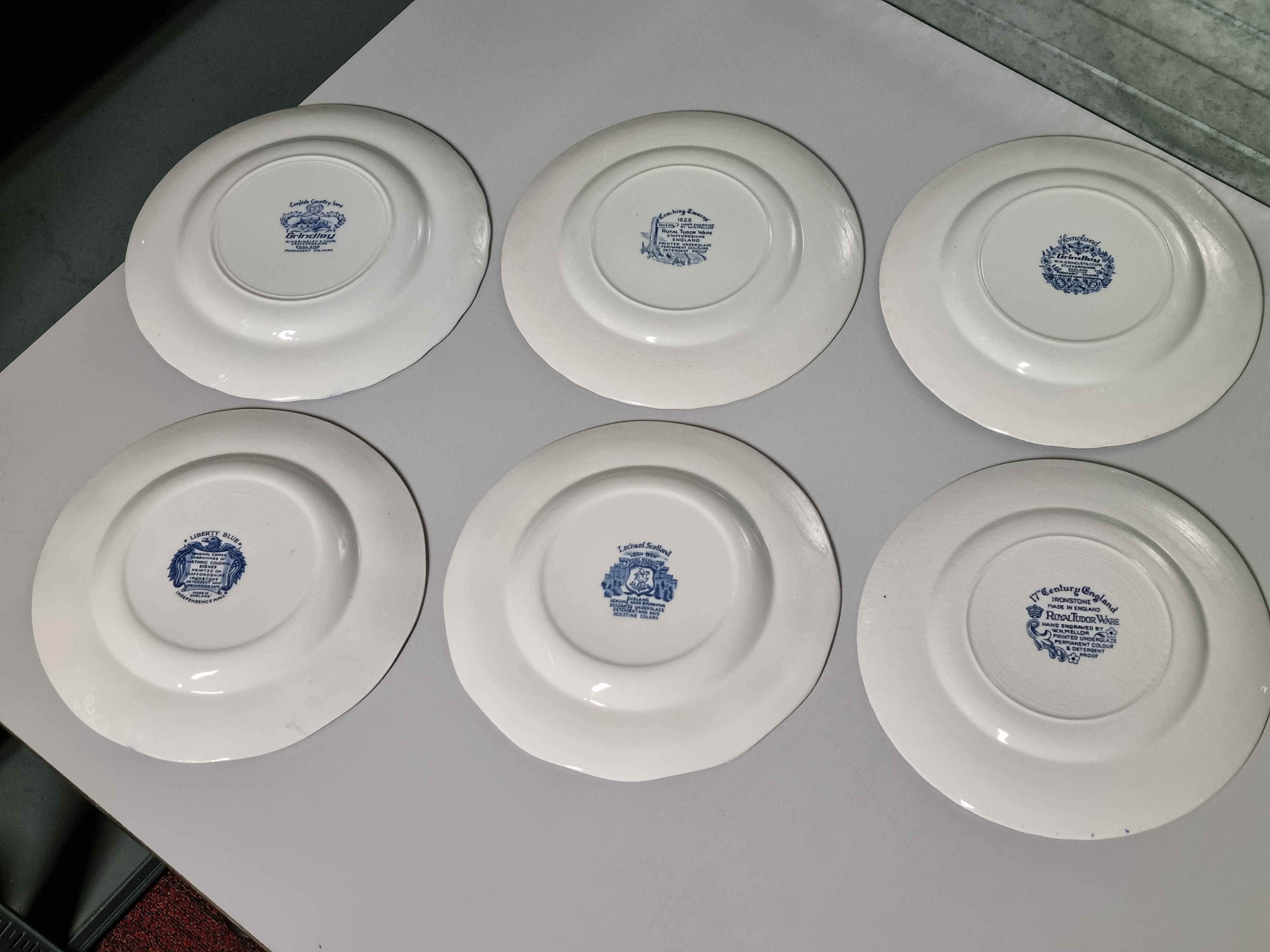 Verkocht = Engels blauw Set 6x mix & match plat dinerbord 25 cm