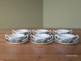 Engels gekleurd Jachtservies Myott The Hunter set 6x soepkom met schotel