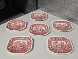 Engels Copeland Spode's Tower rood set 6x vierkant gebaksbordje 14,5 cm