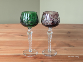 Boheems Kristal Glas set (1) van 2x op hoge voet 19,5 cm kleur: groen paars