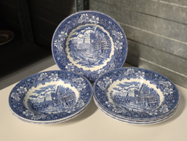 Engels blauw Coaching Taverns Royal Tudor Ware Staffordshire Set 6x diep pasta curry bord 22,5 cm