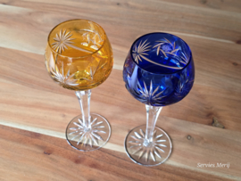 Boheems Kristal Glas set (3) van 2x op hoge voet 19,5 cm kleur: blauw en oranje