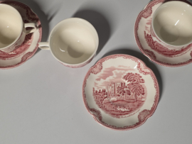 Engels rood Johnson Bros Old Britain Castles set 6x Kop en schotel (wit binnenin)