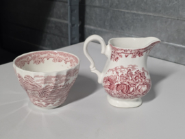 Engels rood Jachtservies Myott's Country Life roomstel met suikerschaaltje (randje binnenkant)